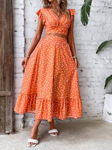 Breezaya Bộ đồ hai mảnh nữ Viên lá sen Dải chun Chấm bi Boho - trái cam - Xem 3