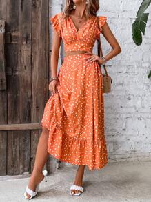 Breezaya Bộ đồ hai mảnh nữ Viên lá sen Dải chun Chấm bi Boho - trái cam - Xem 4