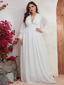 YISIKADO Đầm Plus Size Tương phản Mesh Xù Dải chun màu trơn Gợi cảm - trắng - Xem 1