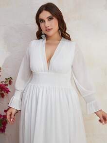 YISIKADO Đầm Plus Size Tương phản Mesh Xù Dải chun màu trơn Gợi cảm - trắng - Xem 5