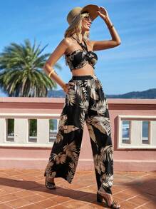 SHEIN VCAY 熱帶圖案前打結抹胸上衣和闊腿褲 - 黑色 - 查看 6