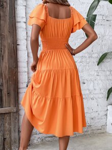 Breezaya 雞心領口蝴蝶袖荷葉邊連衣裙 - 橘色 - 查看 2