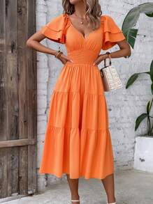 Breezaya 雞心領口蝴蝶袖荷葉邊連衣裙 - 橘色 - 查看 3