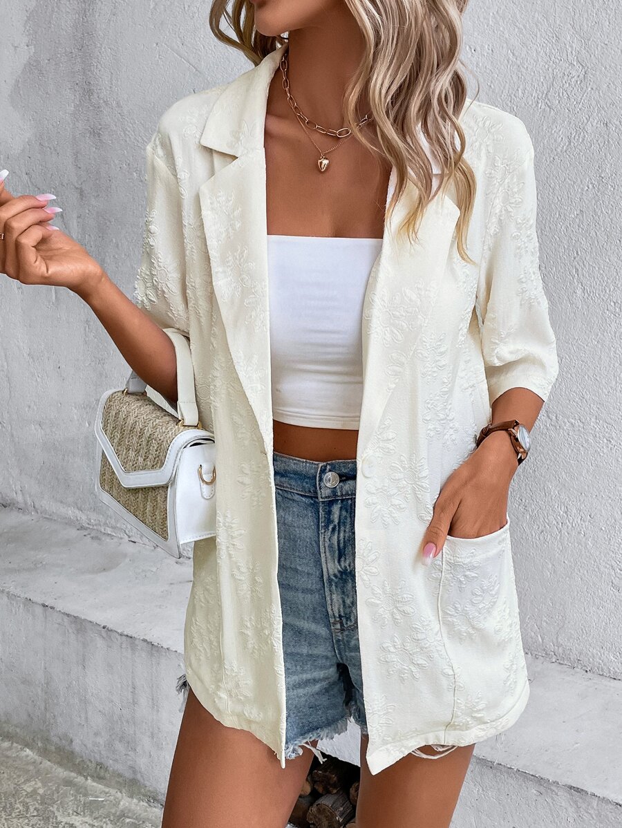 SHEIN Clasi 提花西裝領口袋貼布西裝外套 - 杏色 - 查看 1