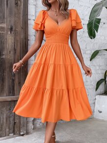 Breezaya 雞心領口蝴蝶袖荷葉邊連衣裙 - 橘色 - 查看 5