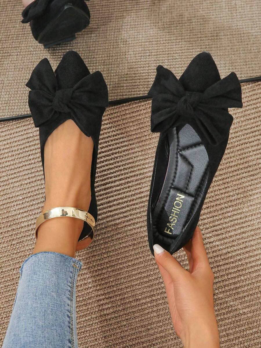 Fall/Winter Elegant Black Flats For Women, Bow Decor Point Toe Faux Suede Ballet Flats