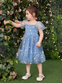 SHEIN Toddler Girls Floral Embroidery Mesh Overlay Dress - Blue - View 3