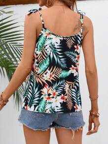 SHEIN VCAY 热带印花系带肩部吊带背心图案 T 恤女式上衣 - 黑色 - 查看 2