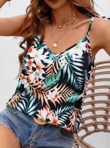 SHEIN VCAY 热带印花系带肩部吊带背心图案 T 恤女式上衣 - 黑色 - 查看 3