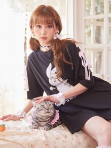 ROMWE Kawaii Camiseta de hombros caídos con estampado de conejo y letra - Negro - Ver 2