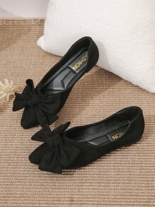 Fall/Winter Elegant Black Flats For Women, Bow Decor Point Toe Faux Suede Ballet Flats