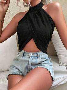 SHEIN Privé Swiss Dot Wrap Cross Backless Crop Halter Top