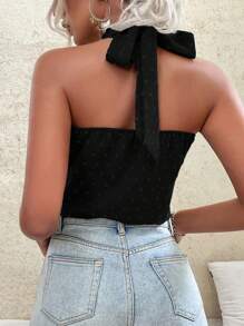 SHEIN Privé Swiss Dot Wrap Cross Backless Crop Halter Top