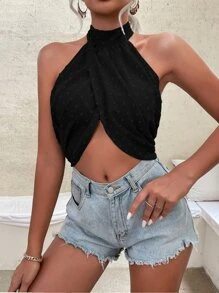 SHEIN Privé Swiss Dot Wrap Cross Backless Crop Halter Top