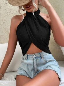 SHEIN Privé Swiss Dot Wrap Cross Backless Crop Halter Top