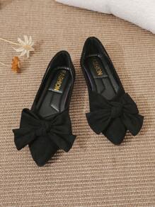 Fall/Winter Elegant Black Flats For Women, Bow Decor Point Toe Faux Suede Ballet Flats