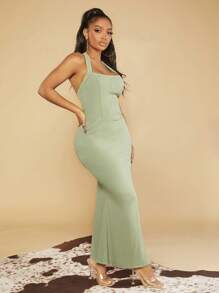 SHEIN SXY 素色高衩繞頸露背緊身洋裝 - 薄荷綠 - 查看 3