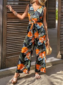 SHEIN VCAY 熱帶圖案前繫帶闊腿連體褲 - 彩色 - 查看 3