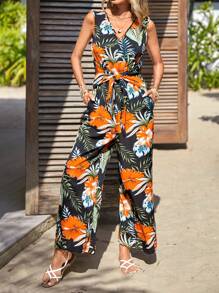 SHEIN VCAY 熱帶圖案前繫帶闊腿連體褲 - 彩色 - 查看 6