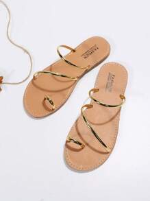 女士腳趾環設計平底時尚夏天T字帶涼鞋 - 金色 - 查看 3