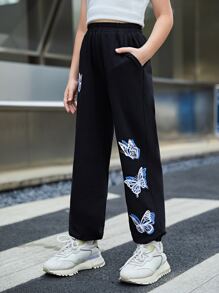 SHEIN Girls Butterfly Print Sweatpants - Black - View 2