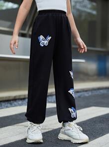 SHEIN Girls Butterfly Print Sweatpants - Black - View 5