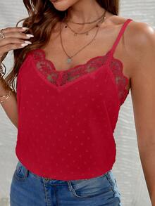 SHEIN Frenchy Swiss Dot Contrast Lace Cami Top - Red - View 4