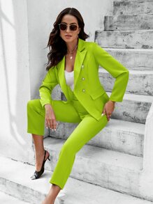 Chiquease Neon Lime Double Breasted Blazer & Trousers - Lime Green - View 1