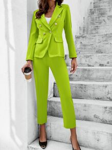 Chiquease Neon Lime Double Breasted Blazer & Trousers - Lime Green - View 5