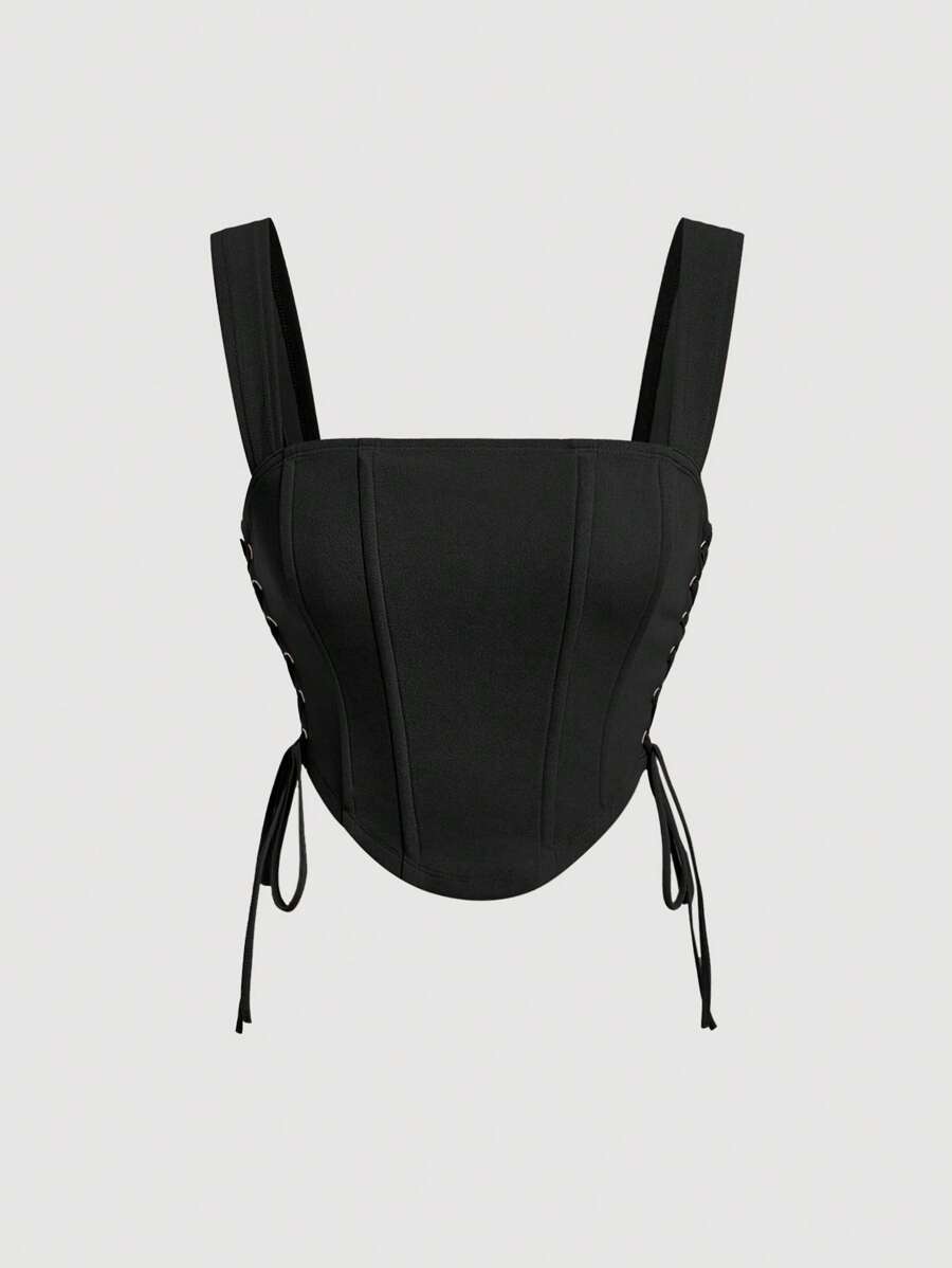 SHEIN MOD 黑色綁帶裝飾修身背心上衣 - 黑色 - 查看 1