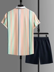 Manfinity Homme Hombres Camisa con estampado de rayas & Shorts de cintura con cordón - Multicolor - Ver 4