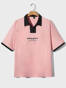 Manfinity Men's Loose Fit Slogan Graphic Polo Shirt With Contrast Collar And Raglan Sleeves - Pink - View 1