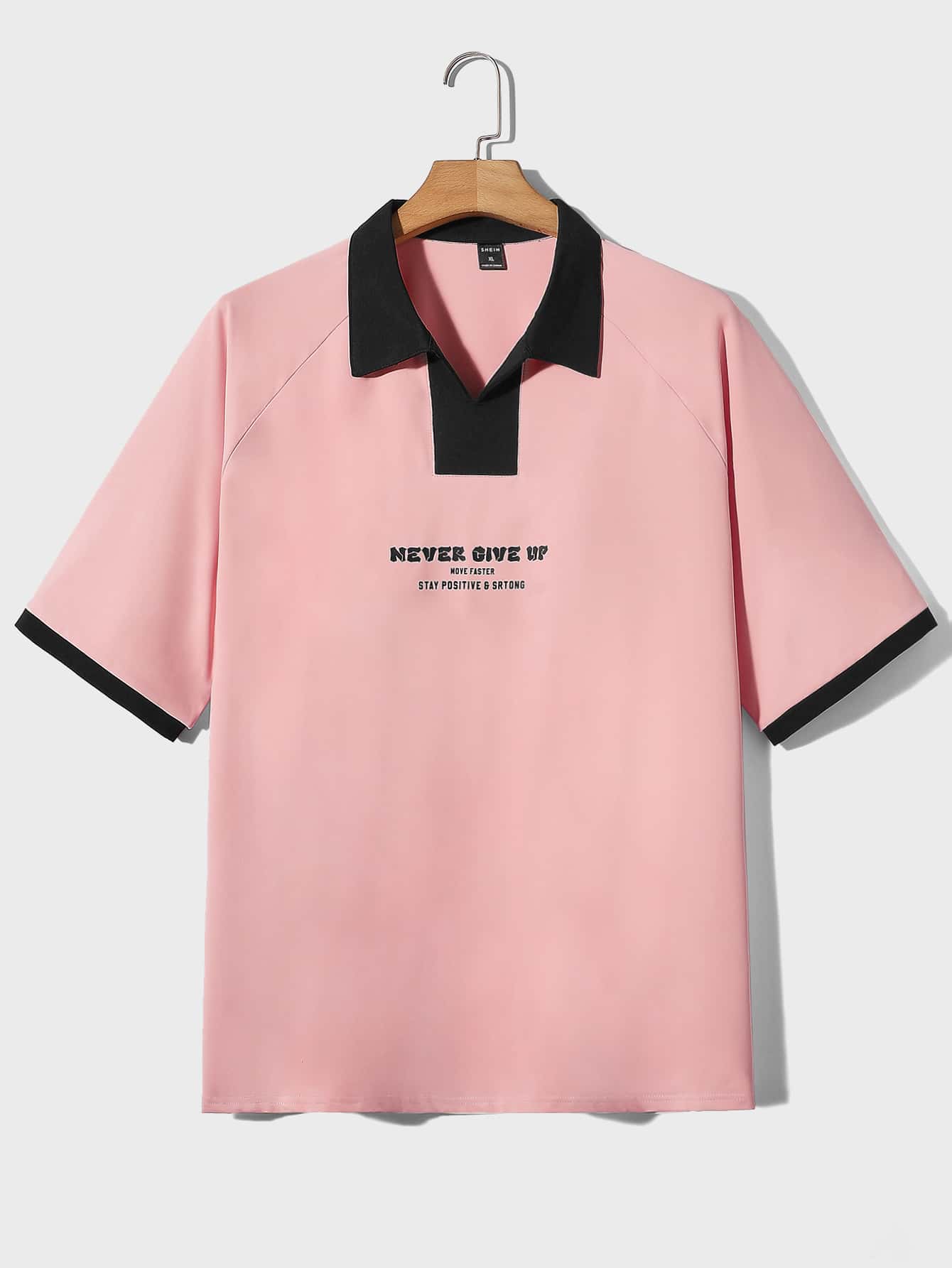Manfinity Men's Loose Fit Slogan Graphic Polo Shirt With Contrast Collar And Raglan Sleeves - Pink - View 1