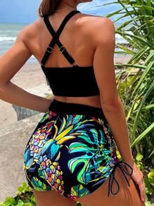 Swim Lushoire 女士夏季服装 夏季海滩热带印花抽绳侧比基尼 - 黑色 - 查看 2