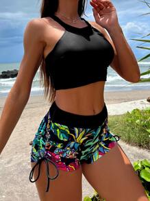 Swim Lushoire 女士夏季服装 夏季海滩热带印花抽绳侧比基尼 - 黑色 - 查看 3