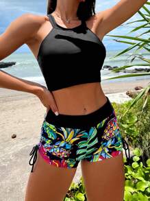 Swim Lushoire 女士夏季服装 夏季海滩热带印花抽绳侧比基尼 - 黑色 - 查看 4