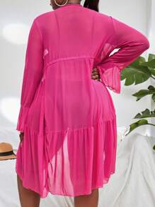 SHEIN Swim Curve Plus Drawstring Waist Flounce Sleeve Ruffle Hem Kimono - Hot Pink - View 2