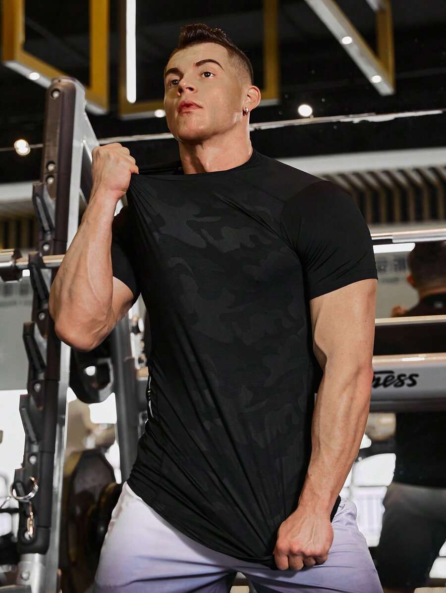 Manfinity Fitness Men Camo Print Sports Tee Workout Tops Workout Tops Gym Top Breathable Compression Shirt Men - Black - View 1