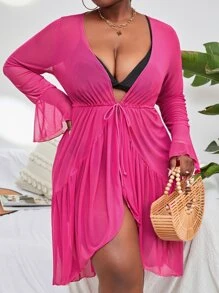 SHEIN Swim Curve Plus Drawstring Waist Flounce Sleeve Ruffle Hem Kimono - Hot Pink - View 5