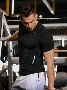 Manfinity Fitness Men Camo Print Sports Tee Workout Tops Workout Tops Gym Top Breathable Compression Shirt Men - Black - View 3