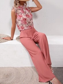 Breezaya 印花褶邊襯衫和闊腿褲 - 粉色 - 查看 3