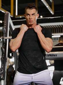 Manfinity Fitness Men Camo Print Sports Tee Workout Tops Workout Tops Gym Top Breathable Compression Shirt Men - Black - View 4