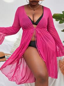 SHEIN Swim Curve Plus Drawstring Waist Flounce Sleeve Ruffle Hem Kimono - Hot Pink - View 4
