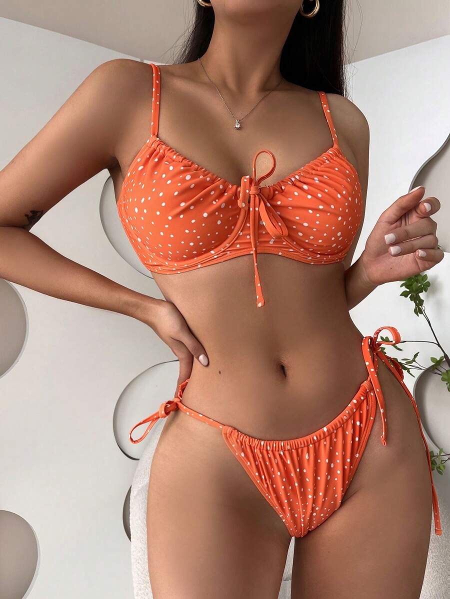 Polka Dot Underwire Tie Side Summer Beach Bikini Set, Summer Beach Bathing Suit - Burnt Orange - View 1