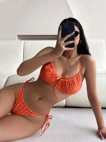 Polka Dot Underwire Tie Side Summer Beach Bikini Set, Summer Beach Bathing Suit - Burnt Orange - View 3