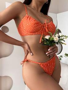 Polka Dot Underwire Tie Side Summer Beach Bikini Set, Summer Beach Bathing Suit - Burnt Orange - View 4