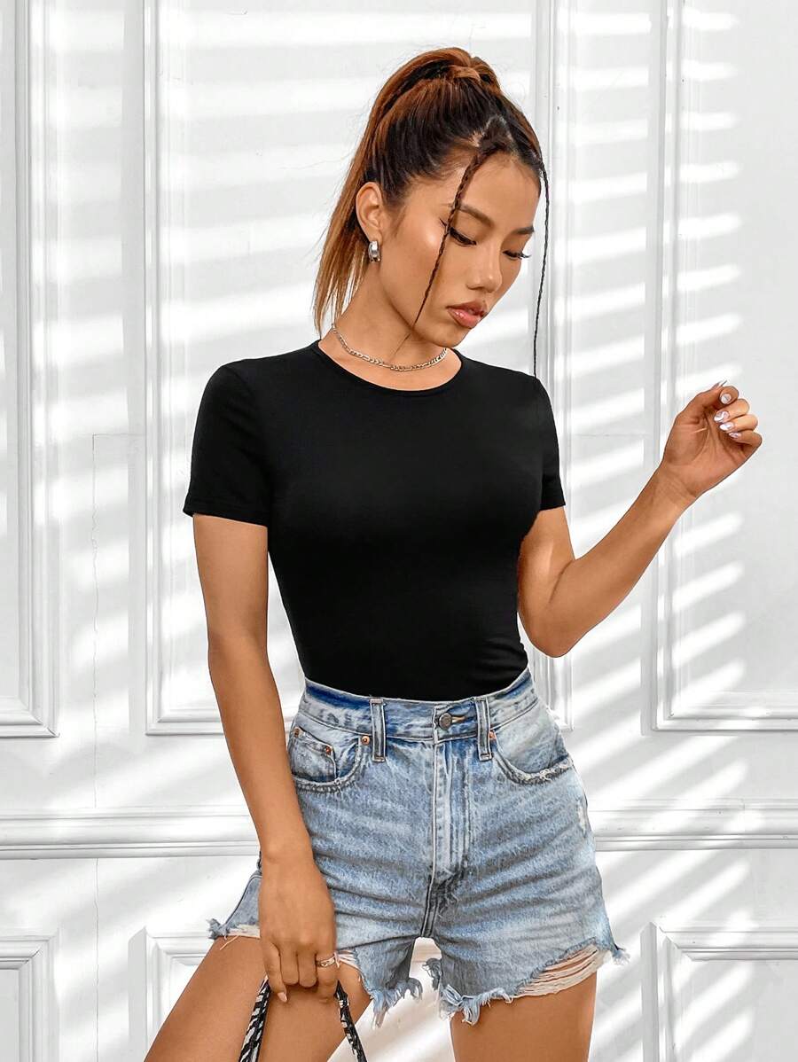 INAWLY Solid Round Neck Tee - Black - View 1