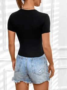 INAWLY Solid Round Neck Tee - Black - View 2