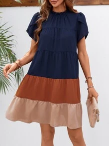 SHEIN LUNE Đầm viền lá sen Viên lá sen Khối Màu Dễ thương - Màu xanh hải quân - Xem 1