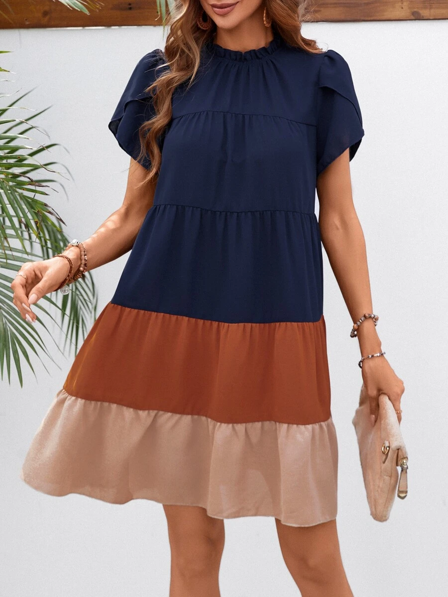 SHEIN LUNE Đầm viền lá sen Viên lá sen Khối Màu Dễ thương - Màu xanh hải quân - Xem 1